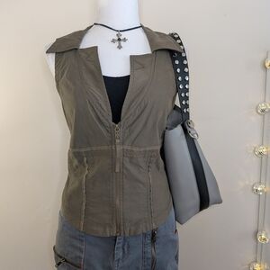 Y2K Olive Zip Up Vest Jacket With Embroidery